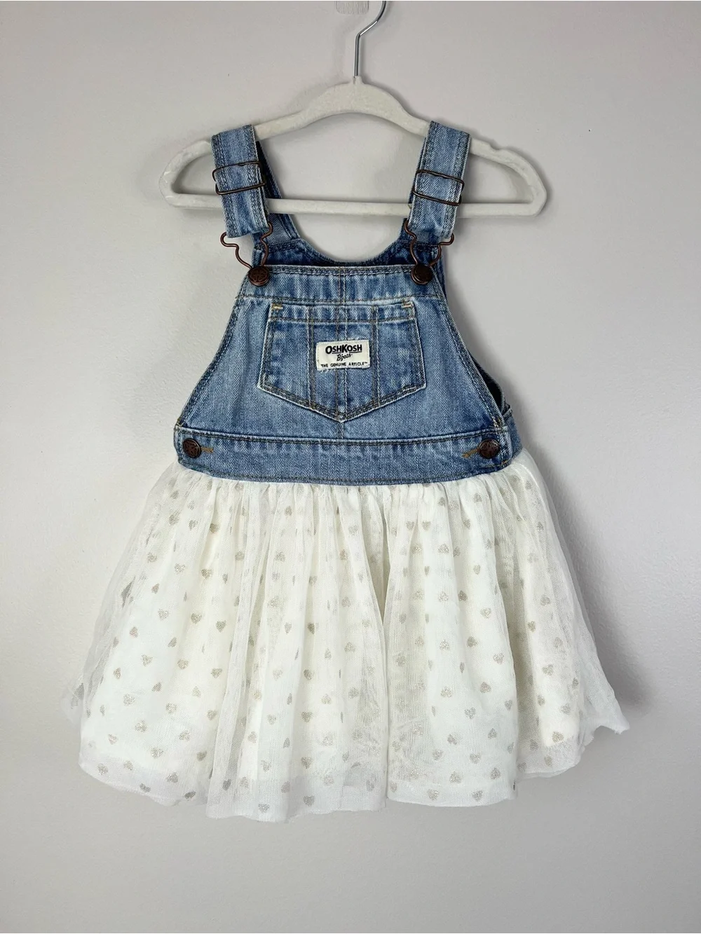 OshKosh B'gosh Girl 24M Light Blue Denim Overall Dress Jumper Tulle Heart Skirt